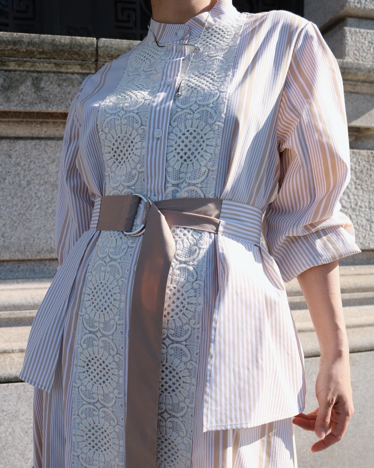 MARIA24SS 【Beige】Mulch stripe belt set dress | MARIA MARIA24SS 【Beige】Mulch stripe belt set dress | MARIA
