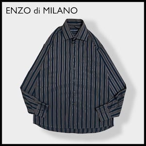 【ENZO di MILANO】デカ襟 70s風 刺繍ロゴ ストライプシャツ 長袖シャツ カジュアルシャツ ポリシャツ 茶 黒 柄シャツ レトロ L EU古着