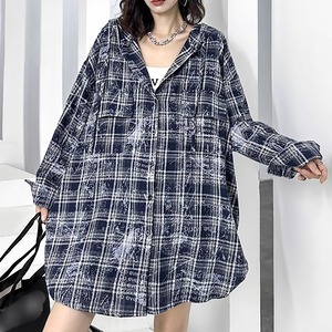 CHECKERED HOODED OVERSIZE SHIRT JACKET 1color M-7616