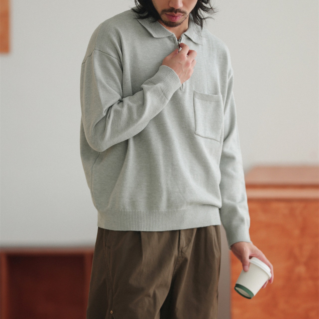 ハーフジップ ポロニット スウェット A1723 - 1