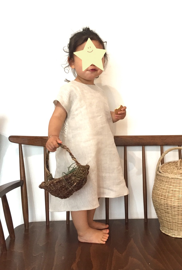 アンティークレースをあしらったリネンワンピース / 90cmサイズ※他サイズ応相談