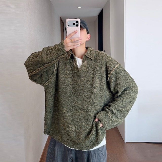dannyandzeeオリーブカラーVネックニットセーター