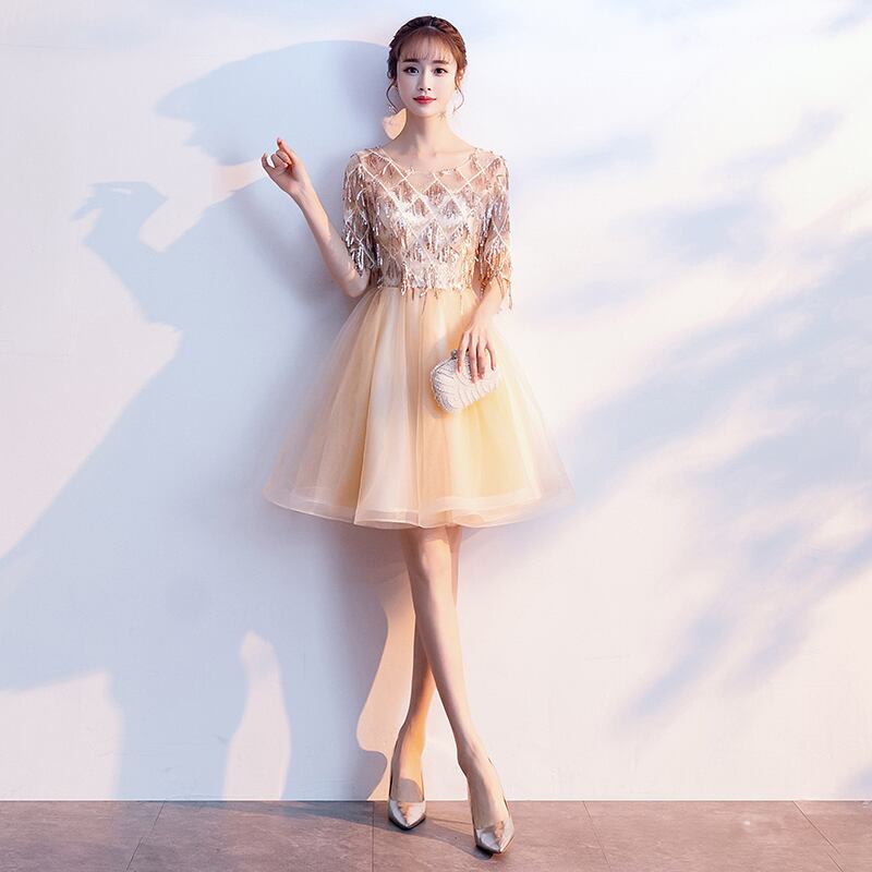 パーティードレス ワンピース 成人式 二次会 結婚式 演奏会 パーティー エレガント ラウンドネック 五分袖 ショート丈 大きいサイズ Xs S M L Ll 3l 4l キラキラ スパンコール フリンジ ゴールド Elegant パーティードレス ワンピース 成人式 二次会 結婚式 演奏会 パーティー エレガント ラウンドネック 五分袖 ショート丈 大きいサイズ Xs S M L Ll 3l 4l キラキラ スパンコール フリンジ ゴールド Elegant