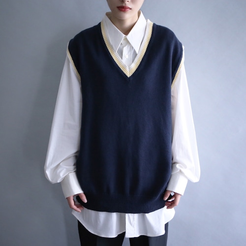 rib double line design loose knit vest