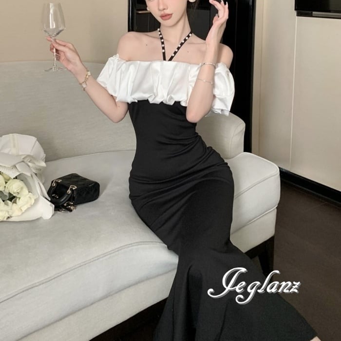 パーティ ドレス 配色 ワンピース オフショル マーメイドライン( M7437)ζ