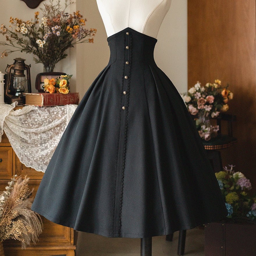 サブカル系 天使と悪魔 クラロリ ロングスカート ハイウエスト ピンストライプ柄 エレガント 控えめ アラサーファッション Forestシリーズ