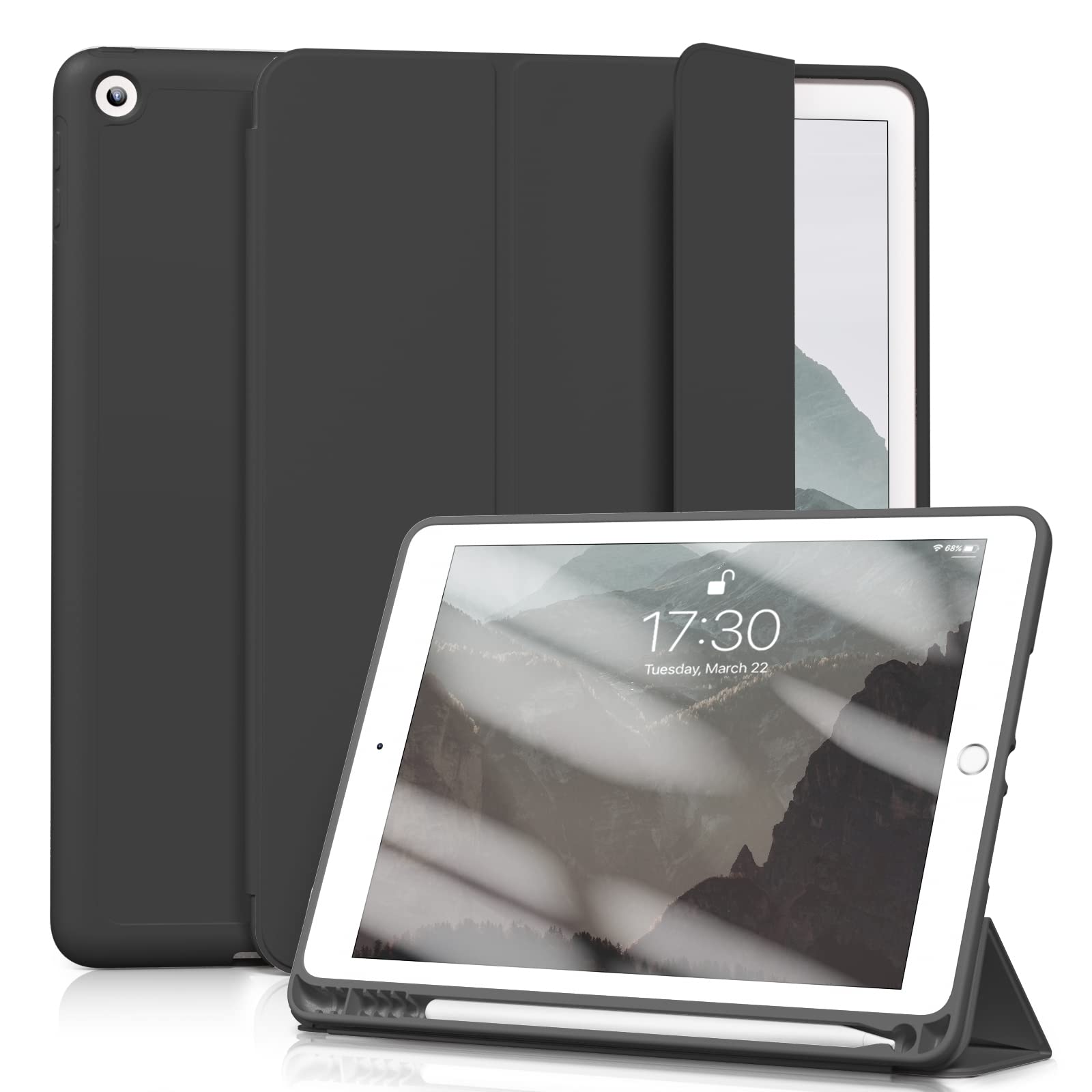 Aoub iPad 9.7 インチ 第5 第6世代 (2018/2017) ケース オートスリープ/ウェイク機能対応 Apple Pencilペン収納・ホルダー付 スマートカバー ソフト TPU 薄型 軽量 耐衝撃 三つ折りスタンド (ブラック)
