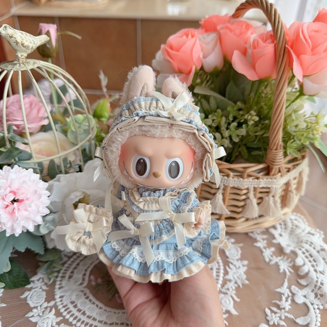 可愛い＆上品 特別な一着！ハンドメイド 17cm Labubu 専用 ブルーお嬢様ドレス プリンセスコーデ