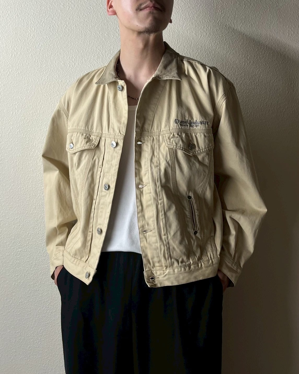 90s DIESEL Leather Collar Cotton Trucker Jacket ITALY製