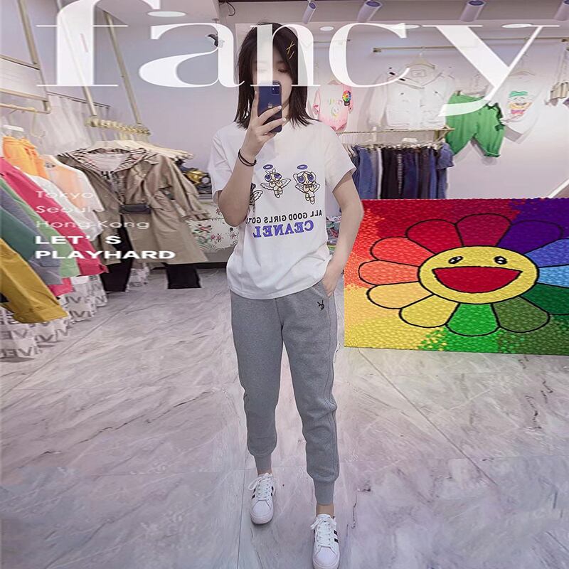 ラウンドネックパターンプリントストレッチウェストカジュアルパンツ エラスティック 伸縮 Oネック ミックスインファッション60766786455