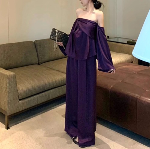 【2点セット】2色／ベアバックツイストトップス＋ワイドパンツ ・12421