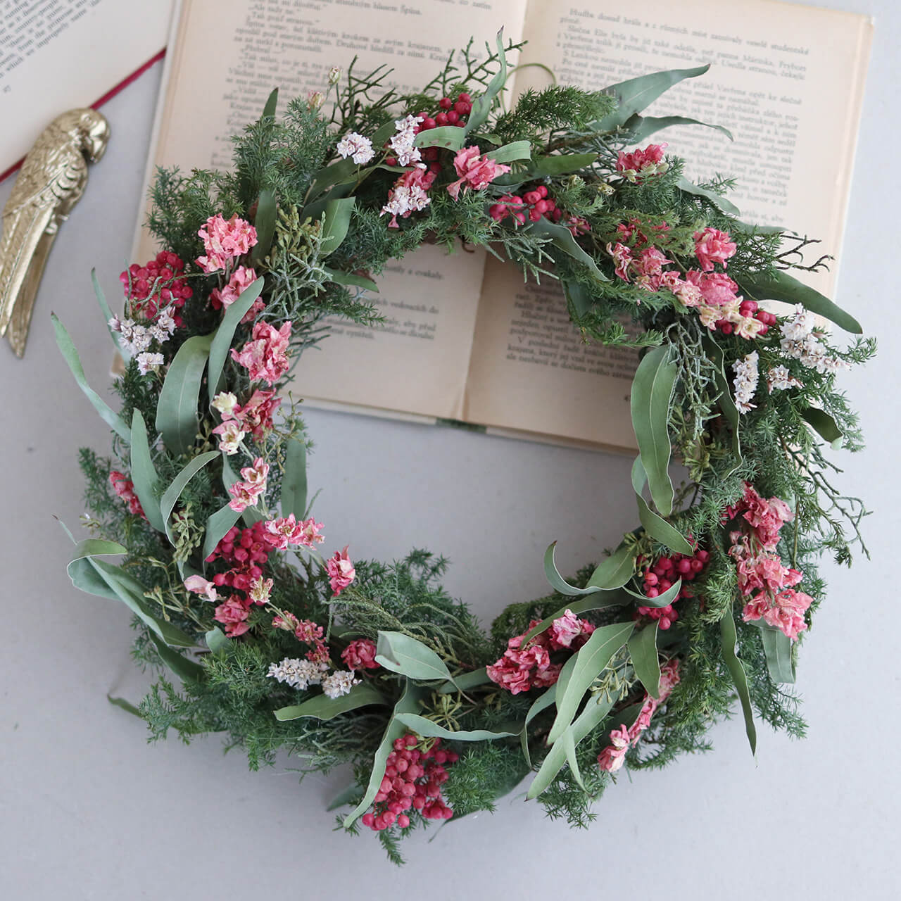 【1点もの 約直径30cm 】大きめ春色ピンクのドライフラワーリース * フラワーリース ドライフラワー ピンク グリーン 北欧インテリア 開店祝い 誕生日 ギフト ナチュラル かわいい ボタニカル おしゃれ 引越祝い 枝もの カフェ風