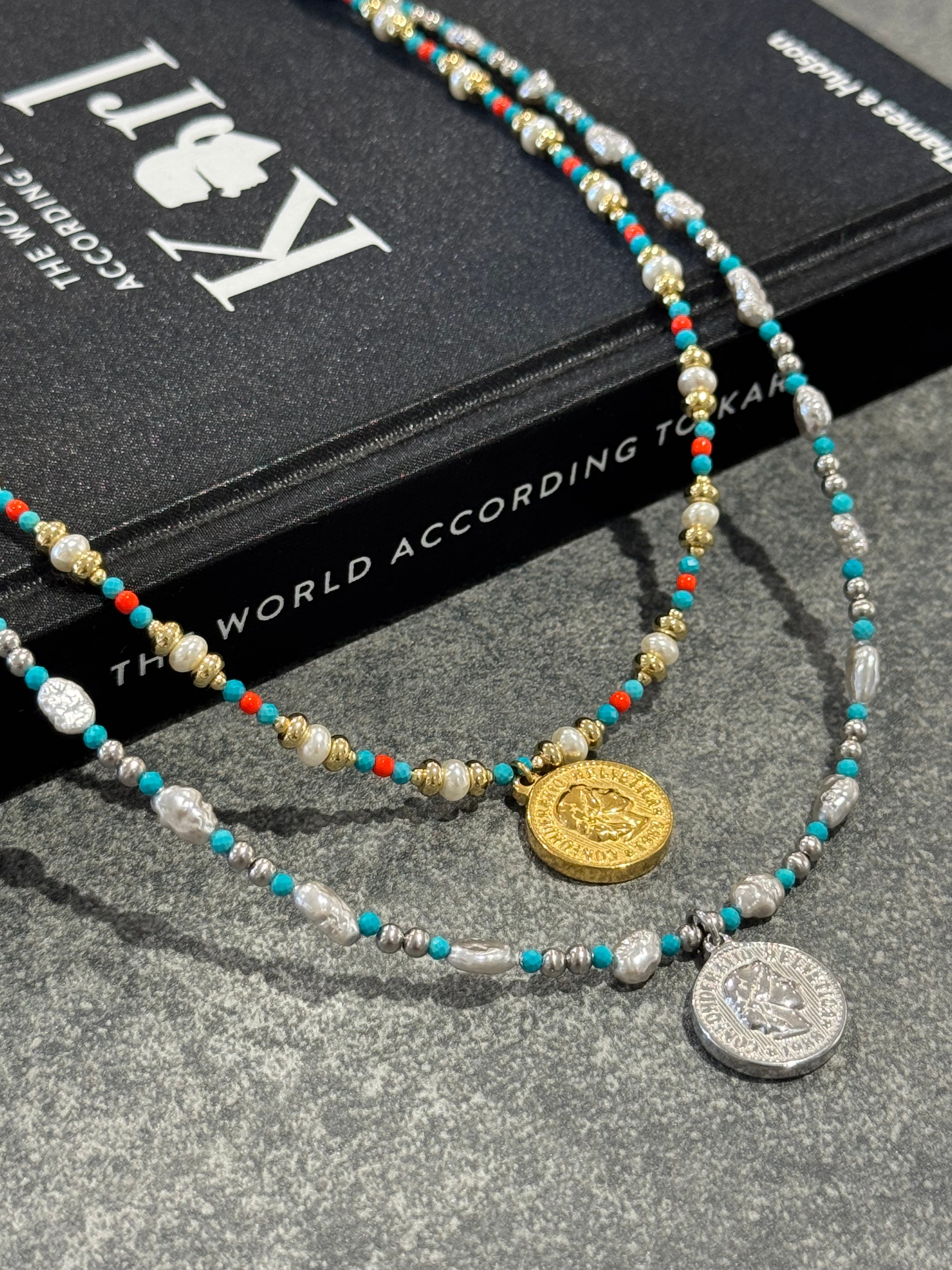 pearl turquoise mix coin necklace