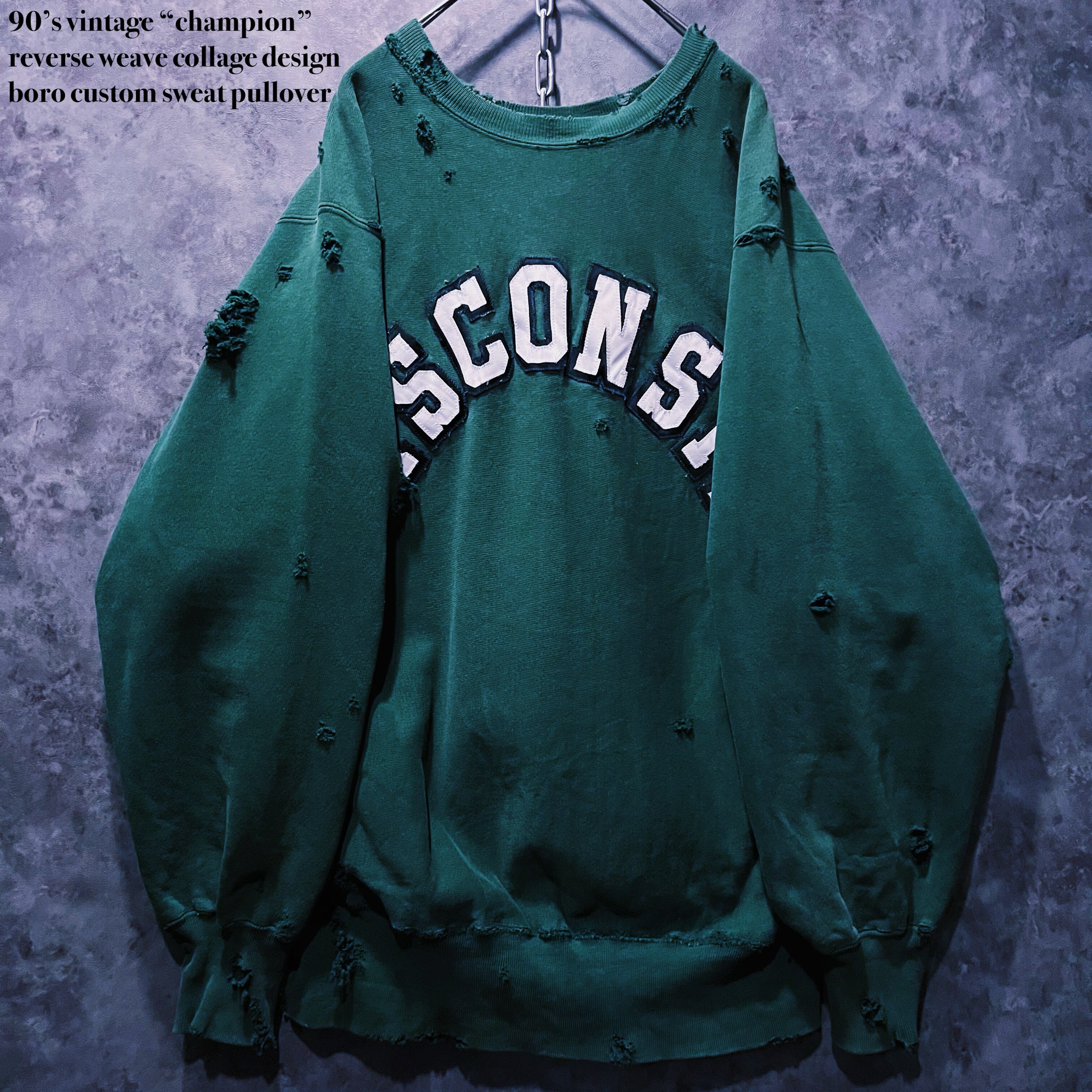 【doppio】90’s vintage “champion” reverse weave collage design boro custom sweat pullover