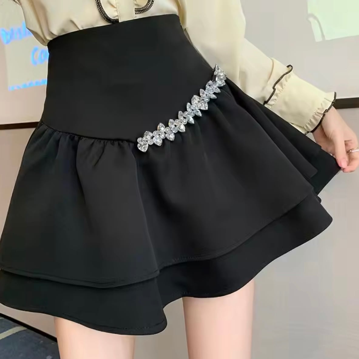 ラインストーンハイウエストフレアスカート