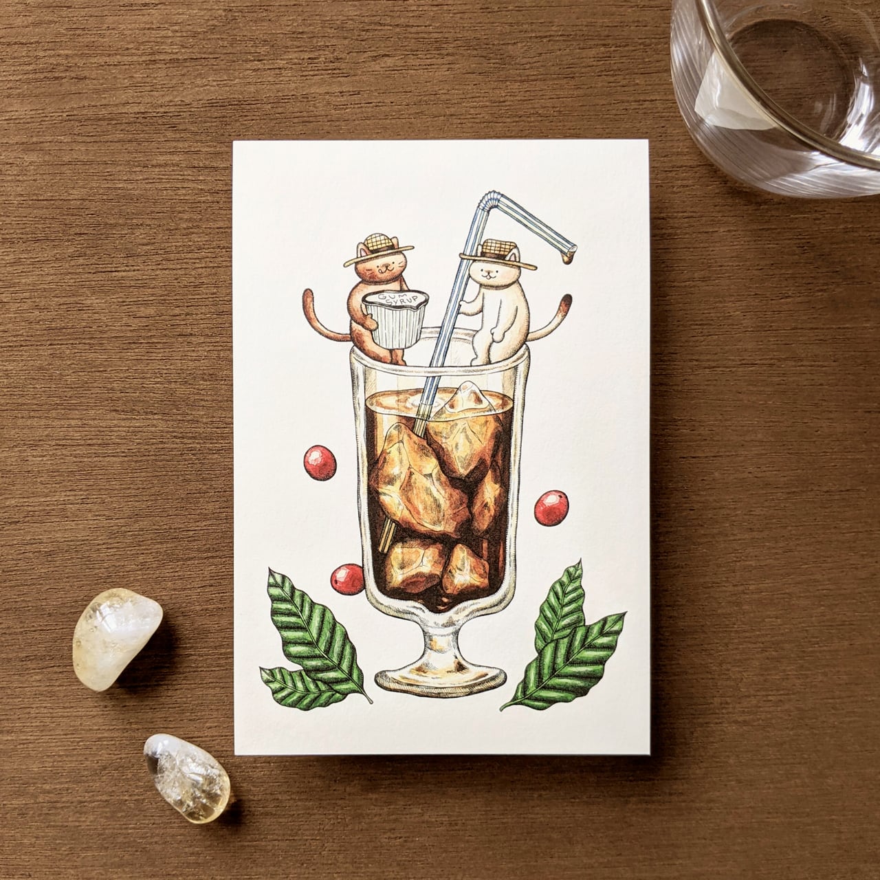 はがきサイズ 猫とアイスコーヒーアートプリント イラスト複製画 Cashew Fafa