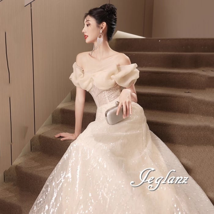 パーティ イブニング ドレス オフショル 背中 編み上げ ラメ 光沢感 ♪(M7986)ζ