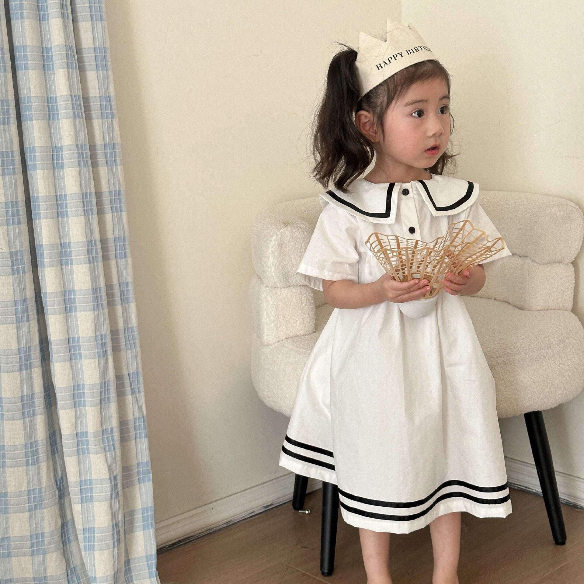 キッズ男の子女の子100％綿セーラー服リンクコーデ 半袖ワンピース  