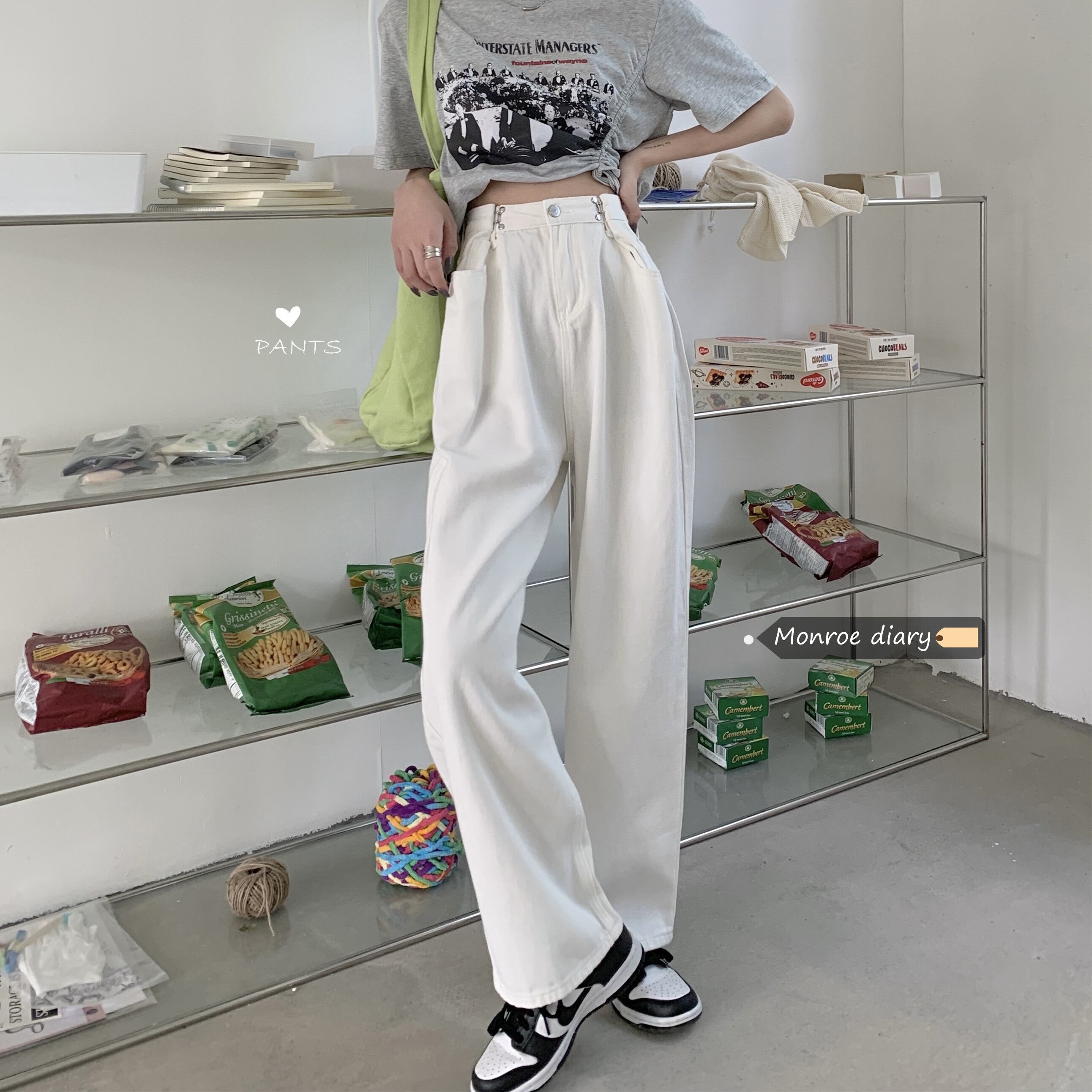 ホワイトウェスト薄手ジーンズ ルーズパンツ ワイドレッグ ワイドパンツ モンロー76919959179