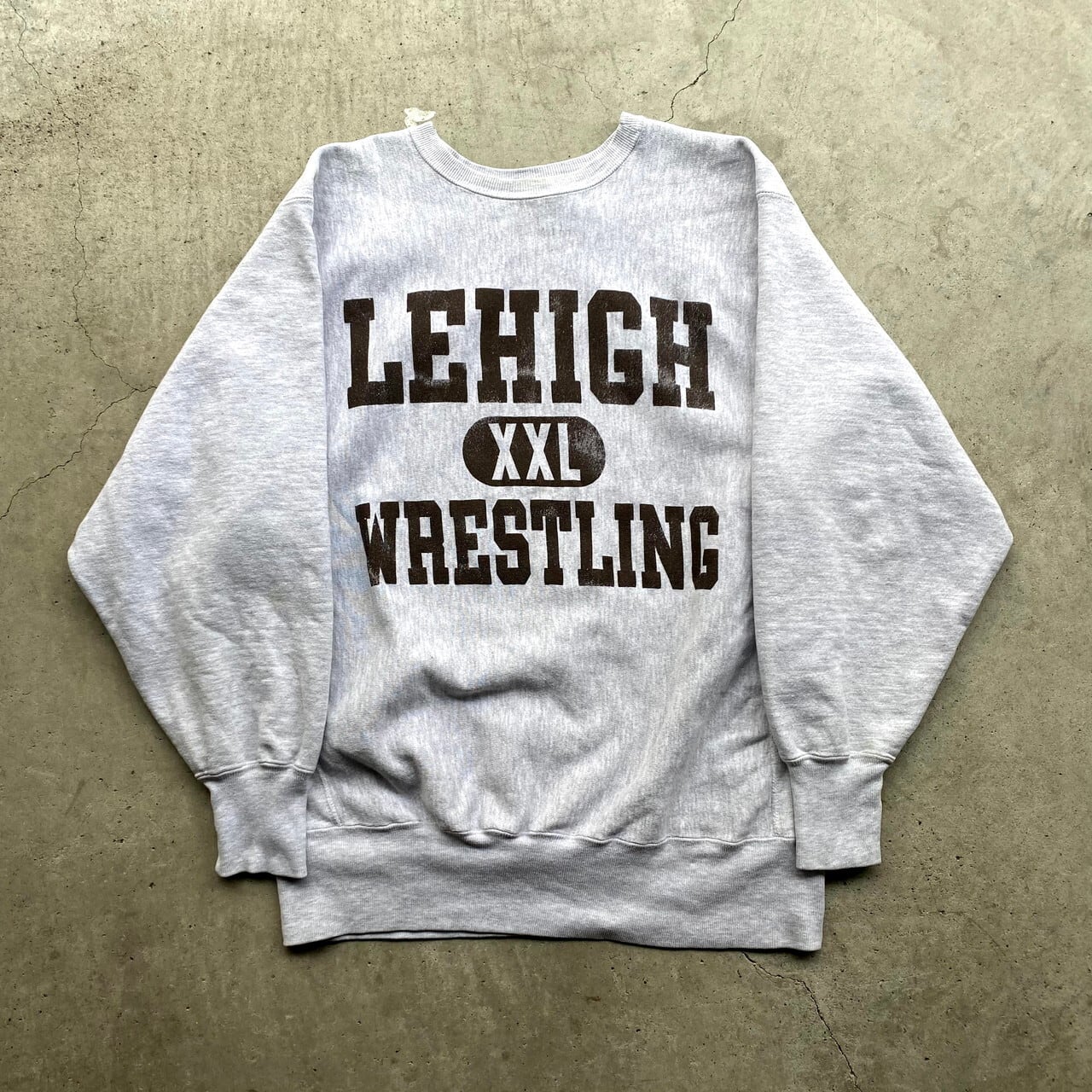 ビッグサイズ 90年代 チャンピオン 刺繍タグ リバースウィーブ メンズXXL 古着 USA製 LEHIGH WRESTLING Champion  REVERSE WEAVE 90S ビンテージ ヴィンテージ カレッジプリントスウェット トレーナー ライトグレー アーチ三段プリント オートミール 