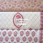 ブロックプリント生地【50cm単位】インド綿  片耳ボーダー付き 花柄(小) 白×赤×ベージュ #35170-WT2