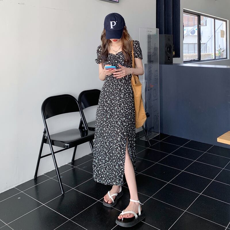 スリーブフローラルドレス サマースタイルスタンダードロングスカート レトロ 夏物 花柄 スーパーモール4293055411