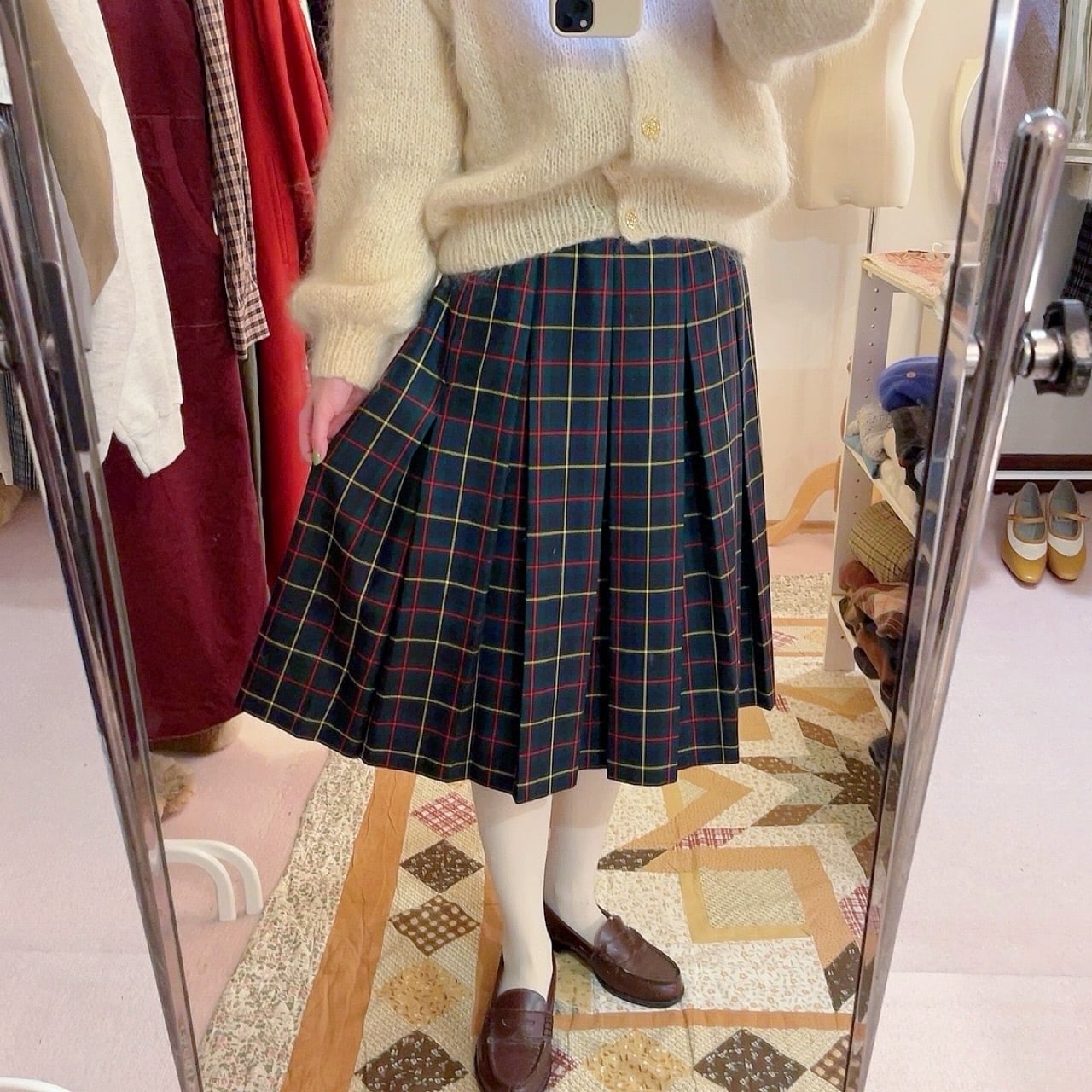 green check gold button skirt
