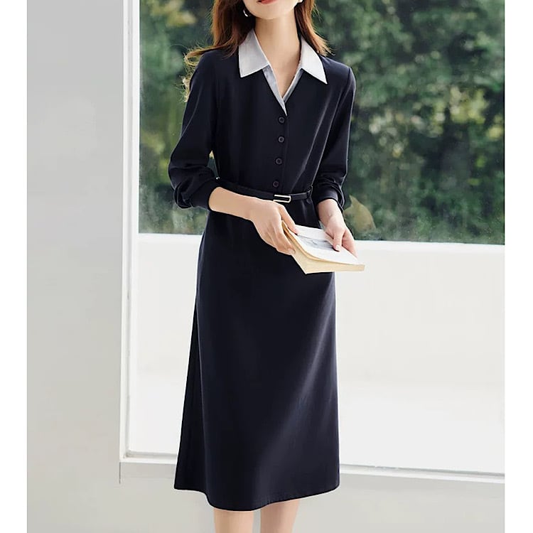 知的に映えるフェイクツーピースワンピース YH9481