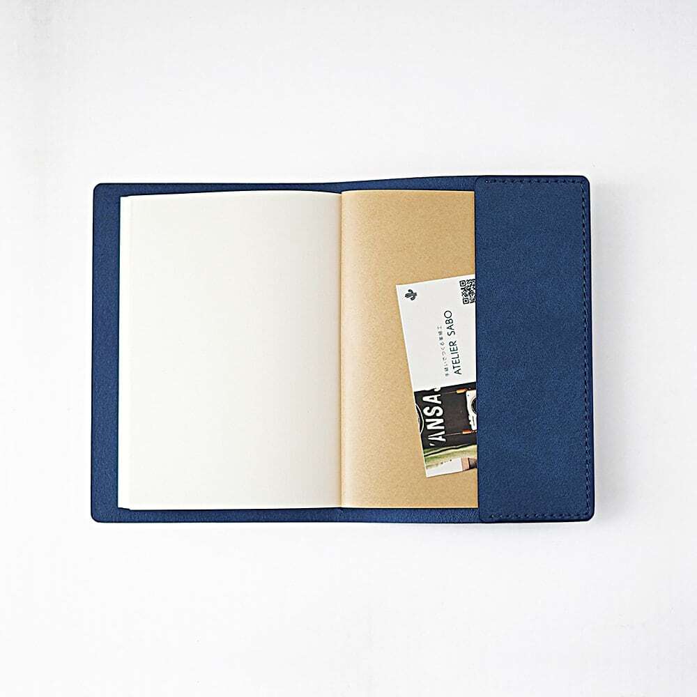 ノートカバー A6サイズ用【ブルー×ブラウン】ペンが挟める（在庫あり
