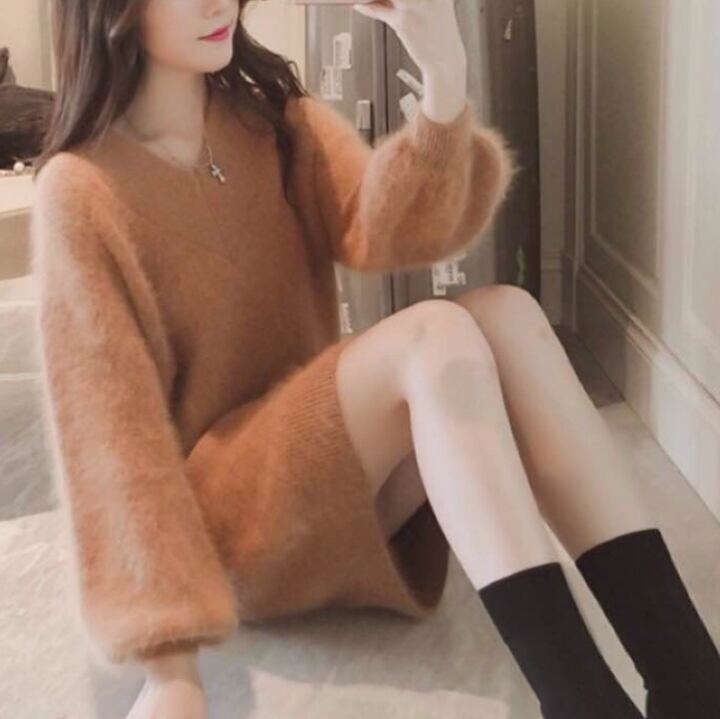 モヘアパフスリーブ Vネックニット ワンピース キャメル