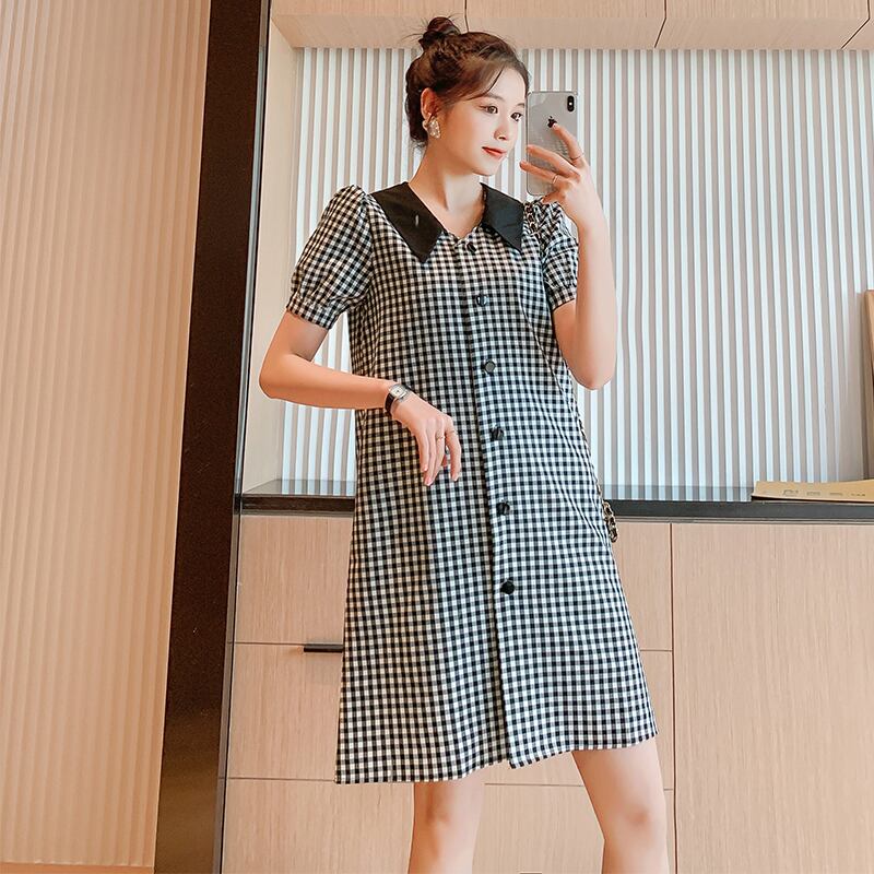 【新作】【送料無料】 5919＃2021夏の格子縞のマタニティドレスシックな格子縞のストレート服妊娠中の女性の甘い妊娠中のドレス 大人ガーリー スウィート キュート カジュアル サマー 夏物 AL expec46963013334