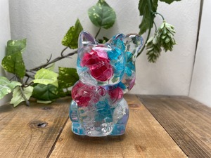 水中花シフトノブ　招き猫　ピンクの薔薇と水色と白の紫陽花