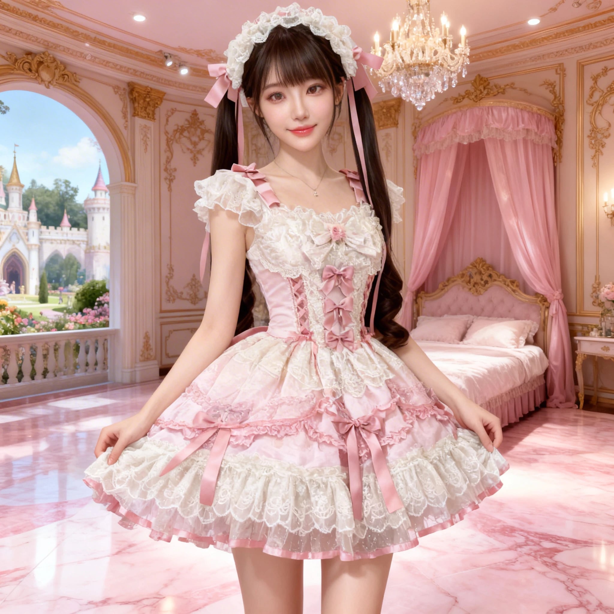 〔ロリータ〕スウィートロリータJSKドレスセット|リボンレースフリルワンピース(ヘッドドレス付き)