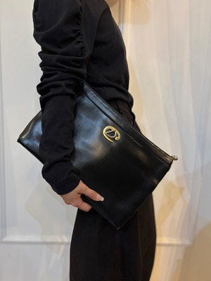 Christian dior / vintage black logo square hond bag（O）