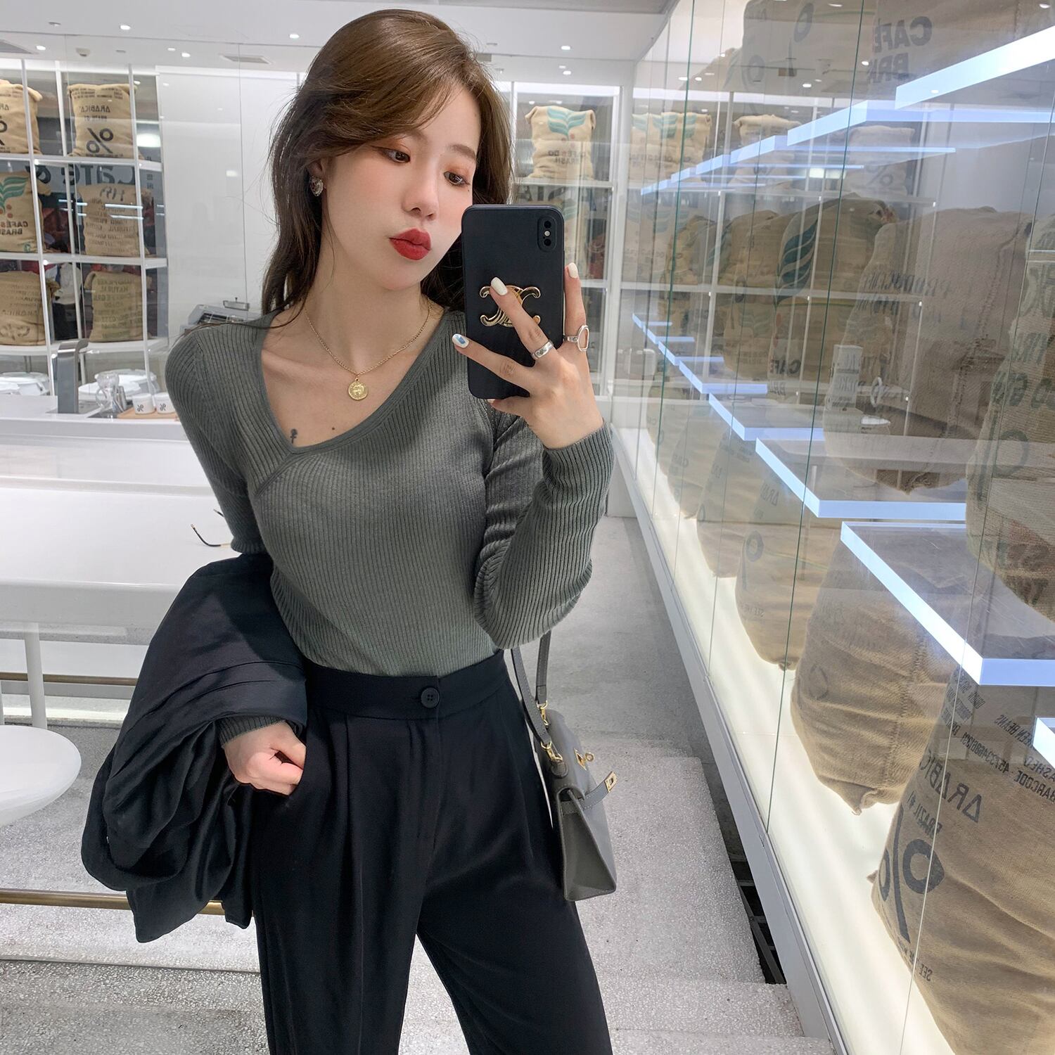 薄手セーター オータムVネックトップス ロング 秋物 6Du_Shop_Women99339774847