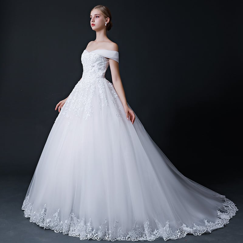 ウエディングドレス レース オフショルダー 妊婦 トレーン/ロング