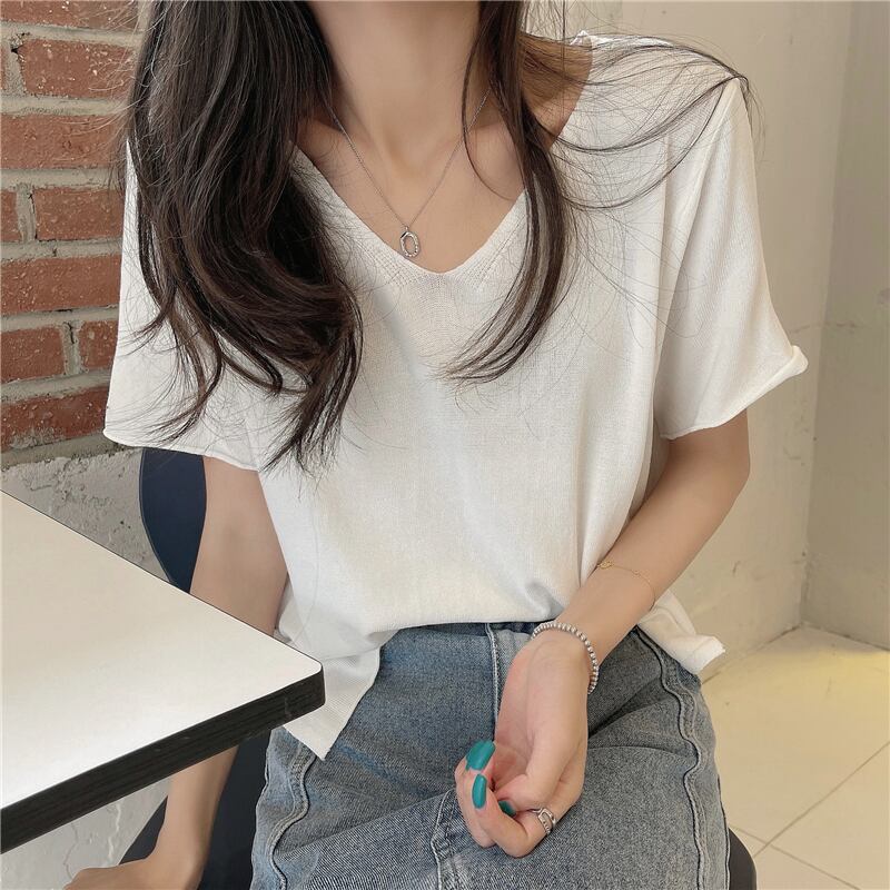 ニットVネックTシャツ ショート薄手サマーホワイト 夏物 1号婦人46954806643