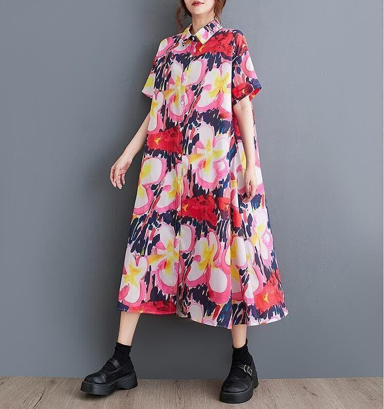 新品大きいサイズ レディース ロング ワンピース 春夏 秋 半袖 シャツ 