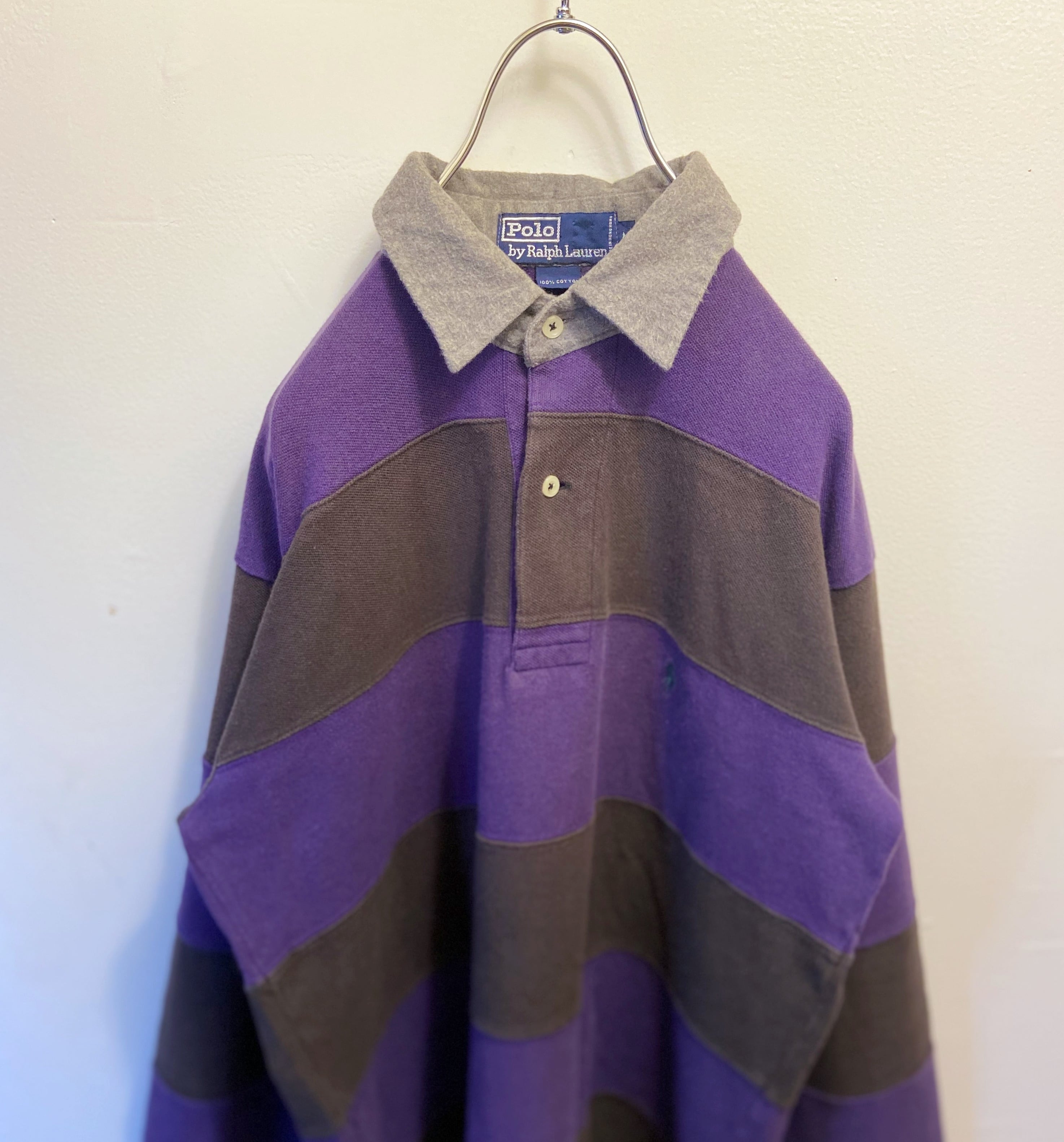 90s古着  POLO Ralph Lauren//ポロラルフローレン 刺繍ロゴ ラガーシャツ紫 長袖ポロシャツ