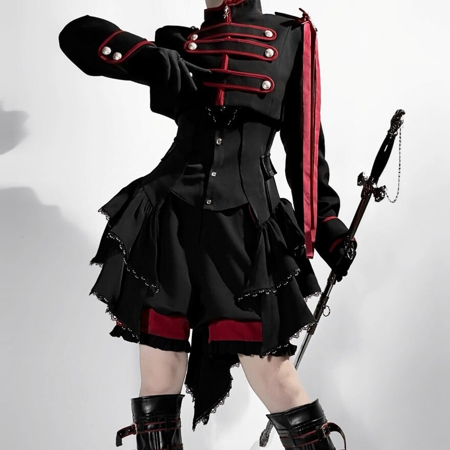 深紅を結ぶ黒の近衛隊 立ち襟多段フリル軍服ロリータパンツ4点セット