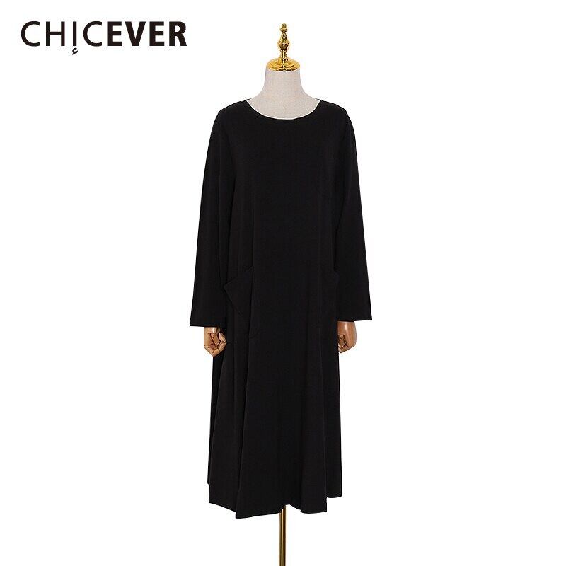 CHICEVERドレス女性Oネック長袖オーバーサイズルーズブラックミディドレス2020年春の服 ロング スプリング 春物 6base519837267122