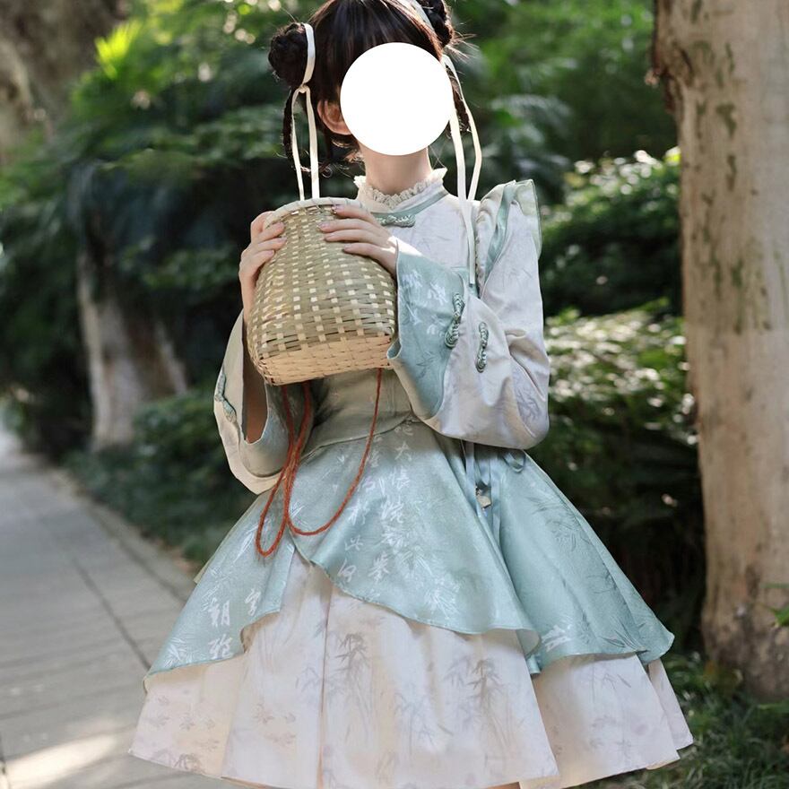 ワンピース ノースリーブ フリル ボリューム スタンドネック 中華