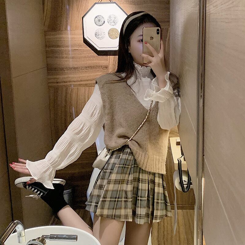 スプリングVネックニットルーズシフォンシャツ プリーツスカート ストリート 春物 萌量不足51984540974