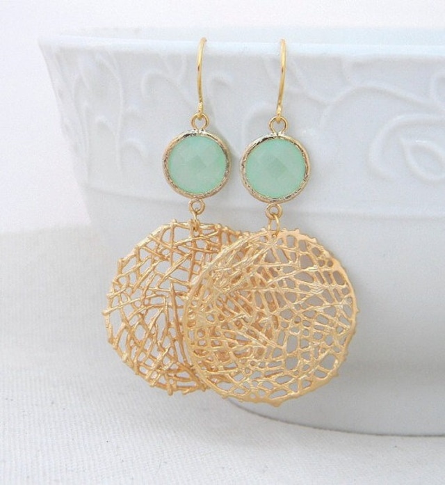 Gold & Mint Green Jewels pierced  Earring