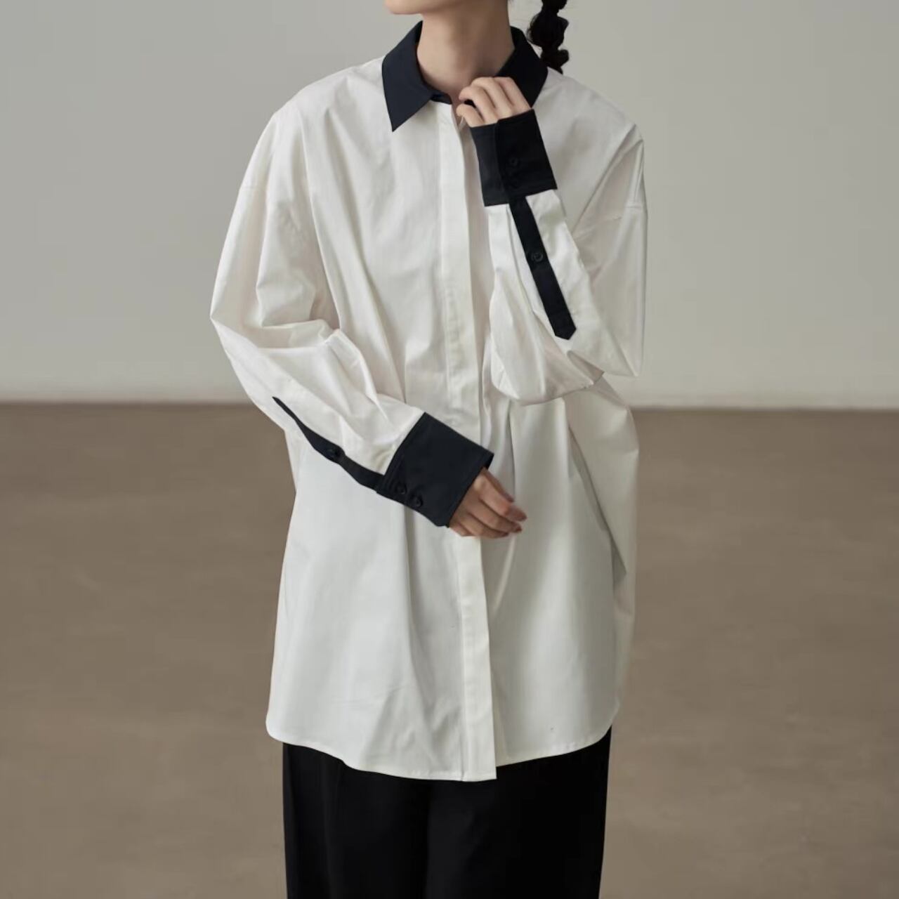 バイカラークレリックオーバーチュニックシャツ(3color) 3554