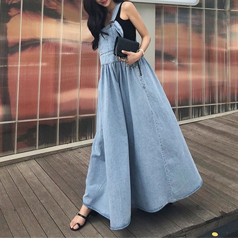 レディース デニム ジャンパースカート フレアジャンスカワンピース ドレス ワンピース デニムワンピース ロング マキシ丈 袖なし フレア エレガント 大人可愛い きれいめ 華やか 上品 レトロ 体型カバー 脚長 高見え 格上げ ブルー おしゃれ オシャレ お洒落 春夏 春 夏