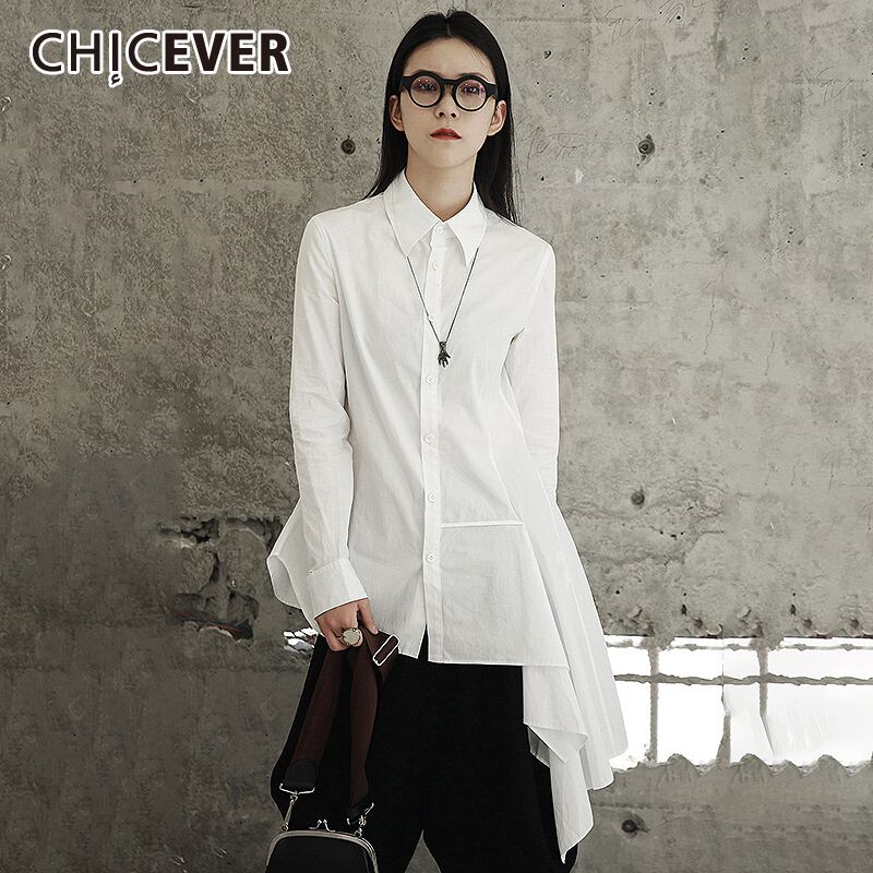 CHICEVERホワイトアシンメトリーレディースシャツラペルカラー長袖ホローアウトイレギュラーヘムブラウス2020秋 ロング オータム 秋物 6base543234171819