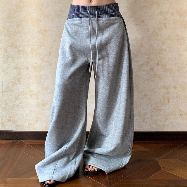 チェックレイヤードドローストリングワイドパンツ 2col R01663