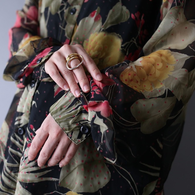 black base flower art pattern over silhouette sheer shirt