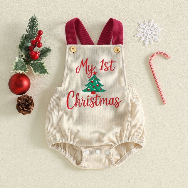 ベビー 秋冬新作　クリスマスツリー刺繍 コーデュロイ サロペット